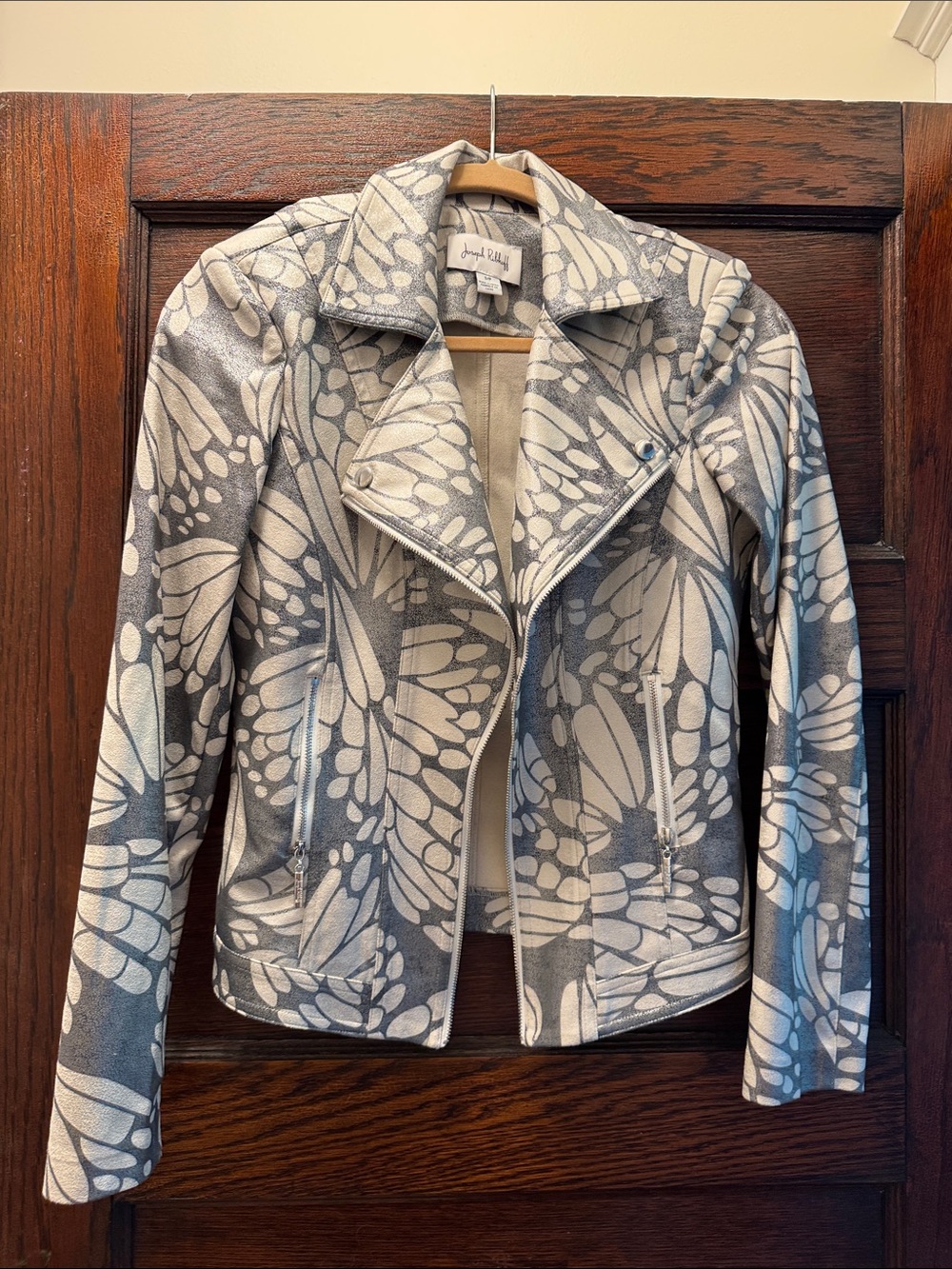 Joseph Ribkoff Gray and White Floral-Print Moto Jacket